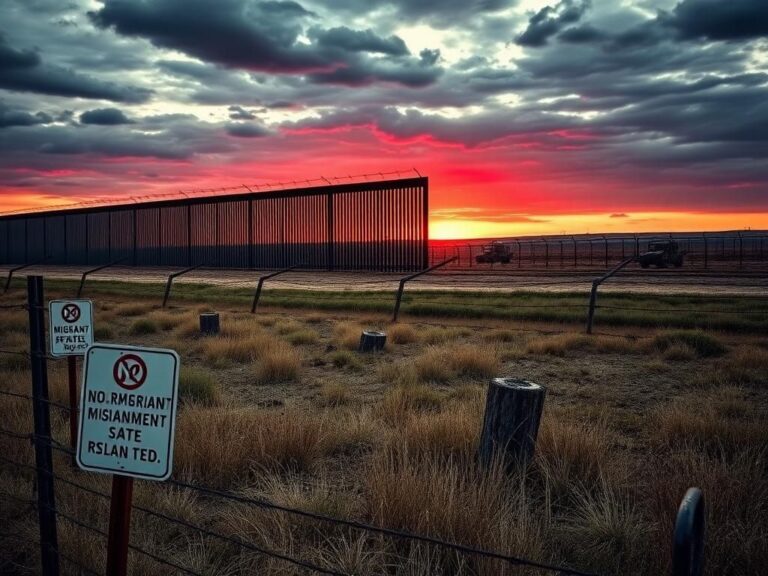 Flick International Dramatic border wall under a cloudy sky with barbed wire and empty migrant encampments