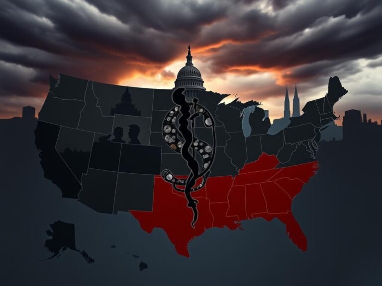 Flick International Dramatic representation of a fractured U.S. map highlighting the divide between Democratic and Republican states