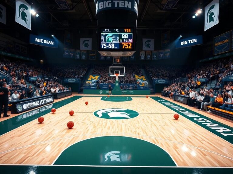 Flick International Dynamic basketball court scene showcasing Michigan State Spartans and Michigan Wolverines colors