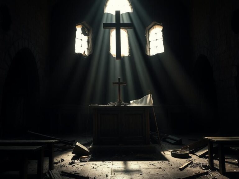 Flick International Somber interior of a dilapidated Christian church in the Democratic Republic of the Congo, symbolizing despair after violence.