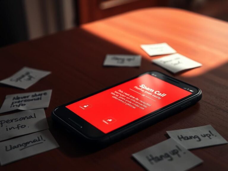 Flick International Close-up of a smartphone displaying a spam call warning notification on a wooden table