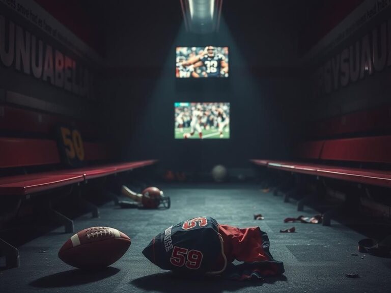 Flick International Dimly lit football locker room with empty benches and discarded equipment, symbolizing abandonment and frustration