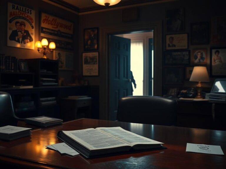 Flick International Dimly lit vintage Hollywood office with memorabilia and an open legal folder