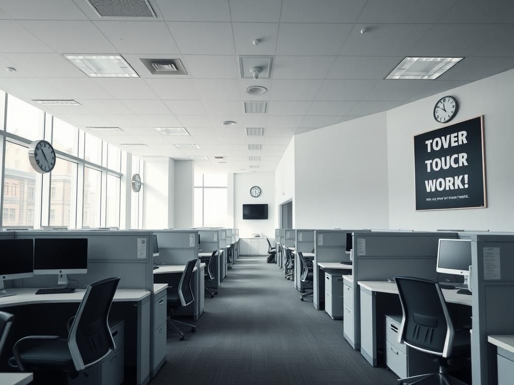 Flick International Wide-angle view of an empty office cubicle environment