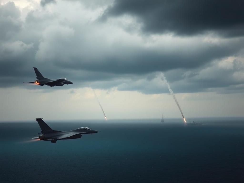 Flick International U.S. F-16 fighter jet and MQ-9 Reaper drone flying over the Red Sea amidst missile smoke