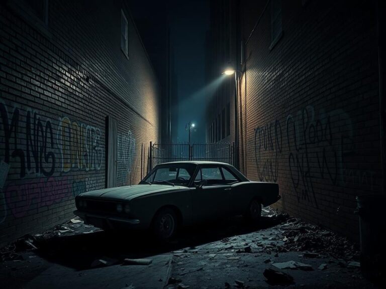 Flick International Dimly lit urban alleyway in Chicago with graffiti, an old car, and legal documents