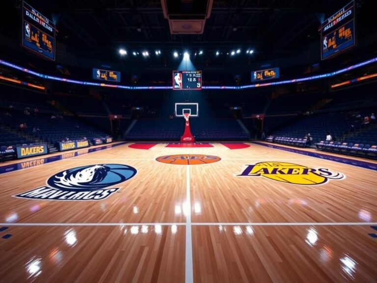 Flick International A vibrant basketball court showcasing the Mavericks and Lakers logos