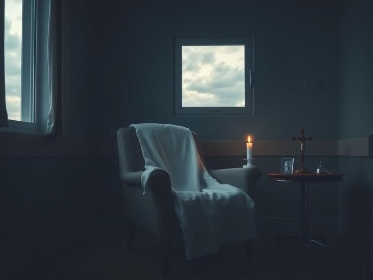 Flick International Dimly lit hospital room with an empty armchair and religious artifacts