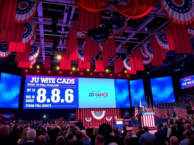 Flick International Lavishly decorated conference hall at CPAC showcasing red, white, and blue banners representing patriotism.