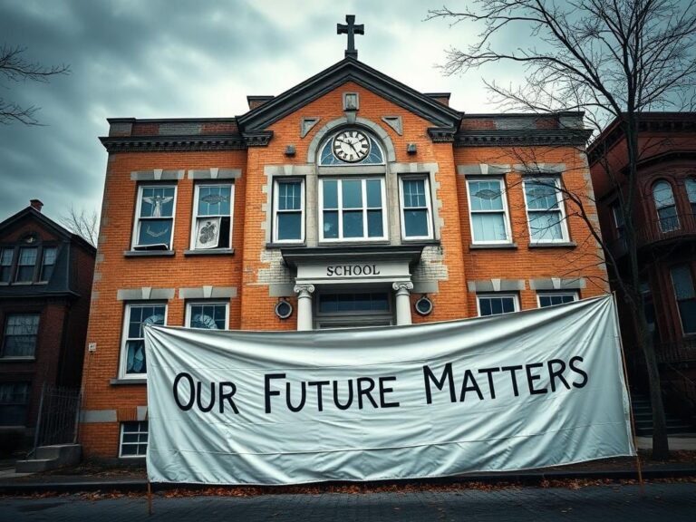 Flick International Weathered Catholic school building with faded religious artwork against a gray sky