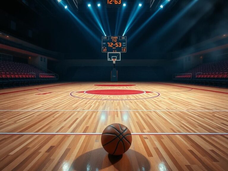 Flick International Dramatic basketball court scene with a basketball on the ground and empty benches