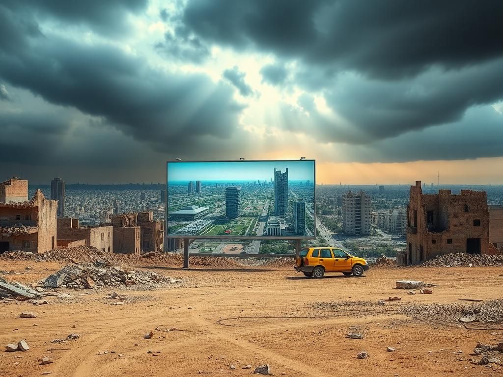 Flick International Urban landscape of the Gaza Strip with crumbled buildings and a futuristic cityscape billboard