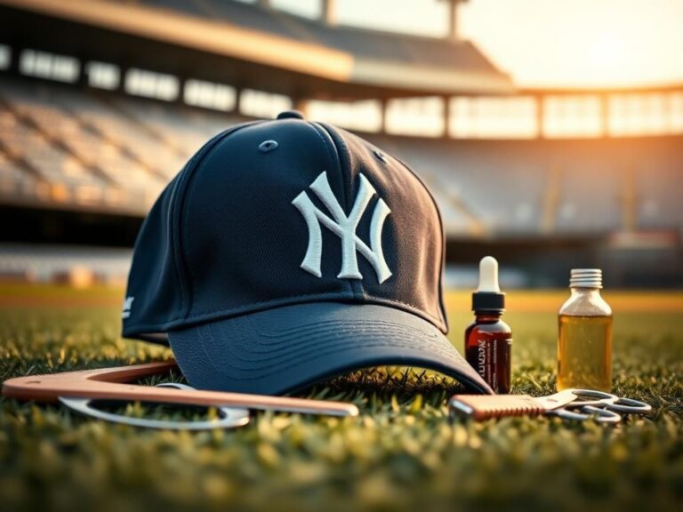 Flick International Close-up of a vintage New York Yankees cap with grooming tools on a baseball field