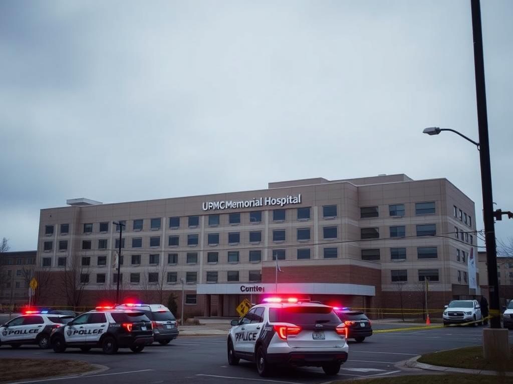 Flick International Emergency vehicles and police cars outside UPMC Memorial Hospital during a hospital shooting incident