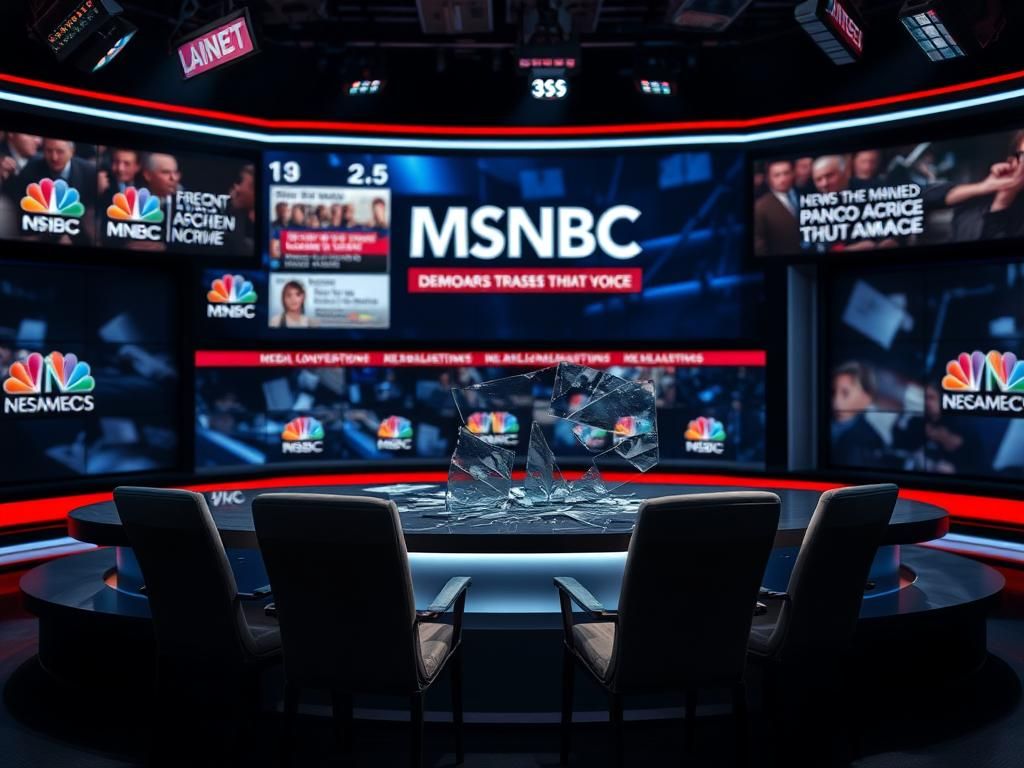 Flick International Dramatic television studio with dark lighting showing MSNBC logo and headlines