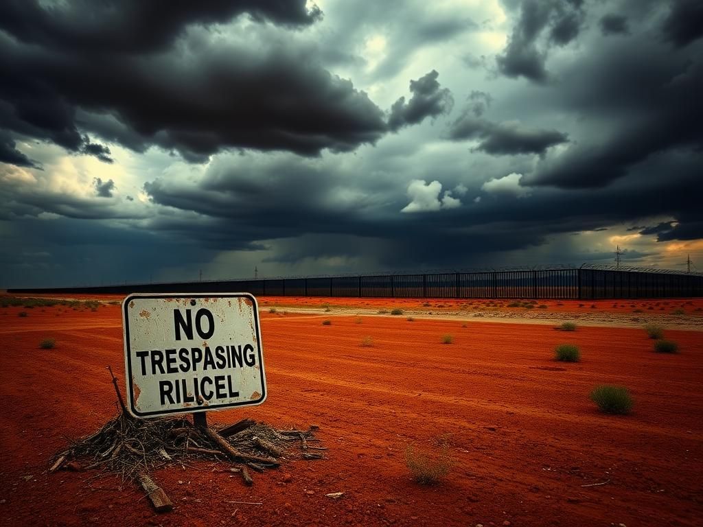 Flick International Dramatic border landscape with fortified wall under stormy sky