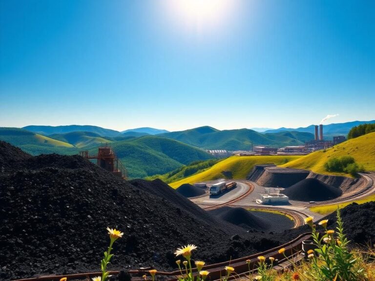 Flick International Detailed landscape of West Virginia coal mine with mining equipment and black coal heaps under a clear blue sky