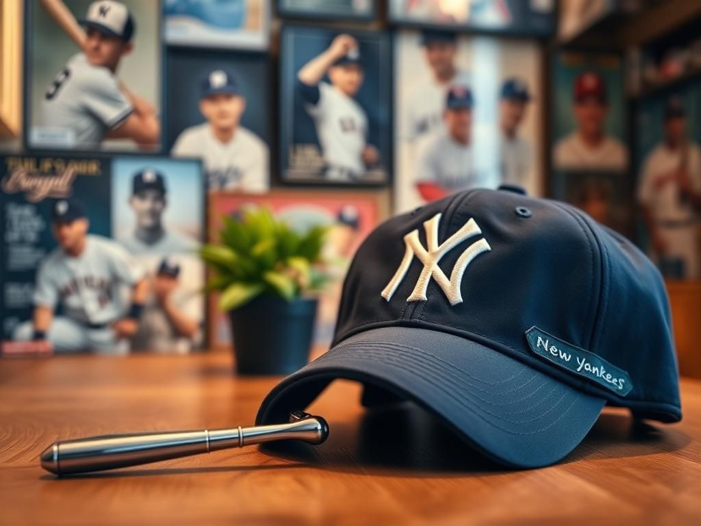 Flick International Close-up of a New York Yankees baseball cap on a wooden table with a razor and vintage memorabilia