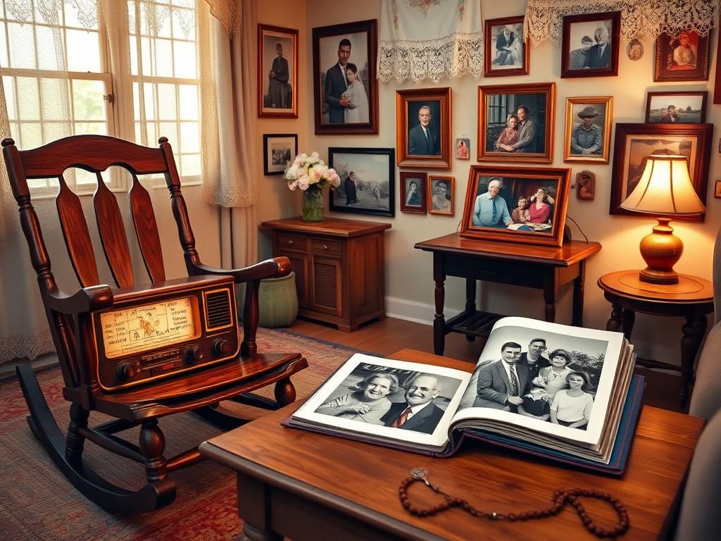 Flick International Cozy living room scene showcasing a wooden rocking chair and vintage radio