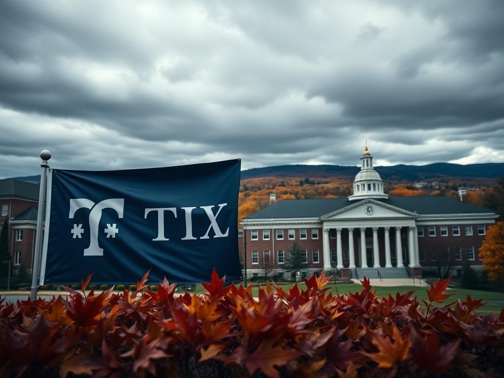 Flick International Exterior view of the University of Maine under a moody sky, featuring a partially unfurled Title IX banner.