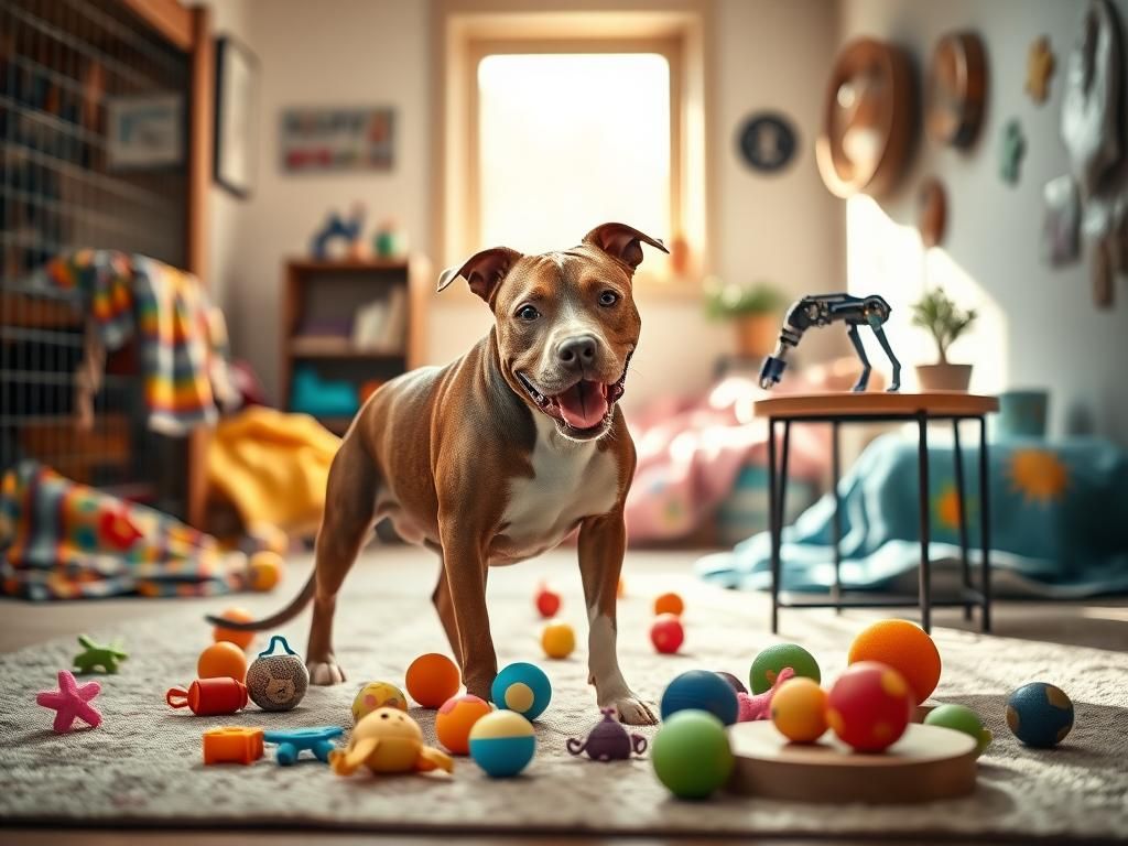 Flick International Three-legged pitbull mix named Tryla playing with colorful toys in a sunlit animal shelter