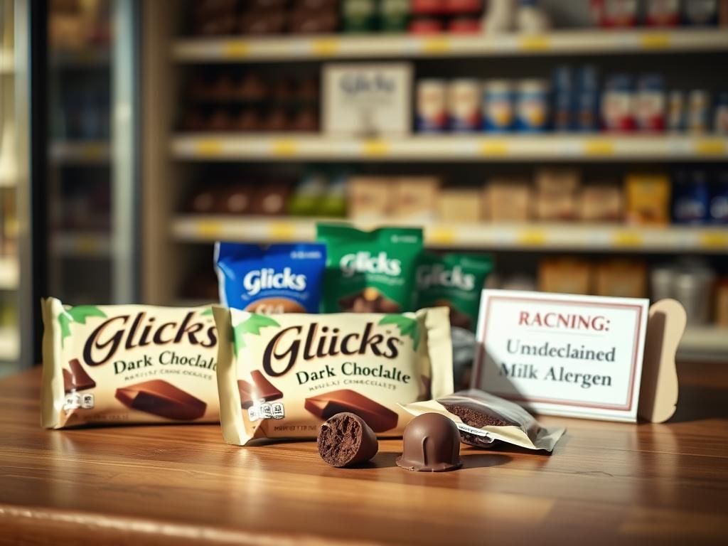 Flick International Display of Glicks Dark Chocolate Conettos packages with a warning sign