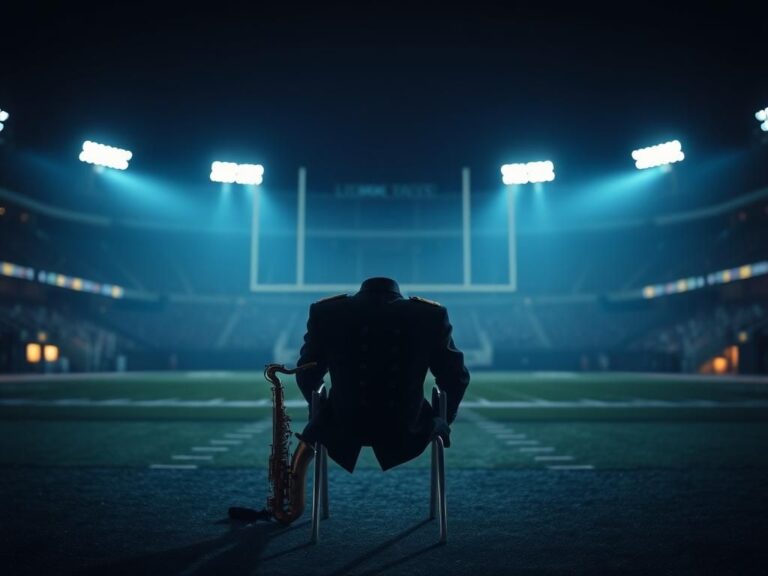 Flick International Abandoned marching band uniform and saxophone in empty football stadium