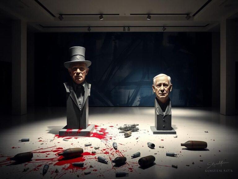 Flick International Abstract sculptures of Uncle Sam and Benjamin Netanyahu with grotesque features in a dark gallery