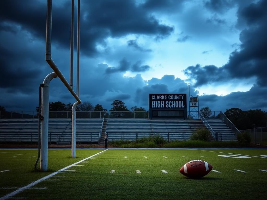 Flick International High school football field at dusk with empty bleachers and stormy clouds