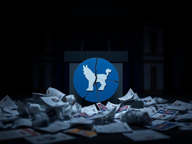 Flick International Fragmented Democratic Party emblem surrounded by crumpled debate scorecards and campaign flyers