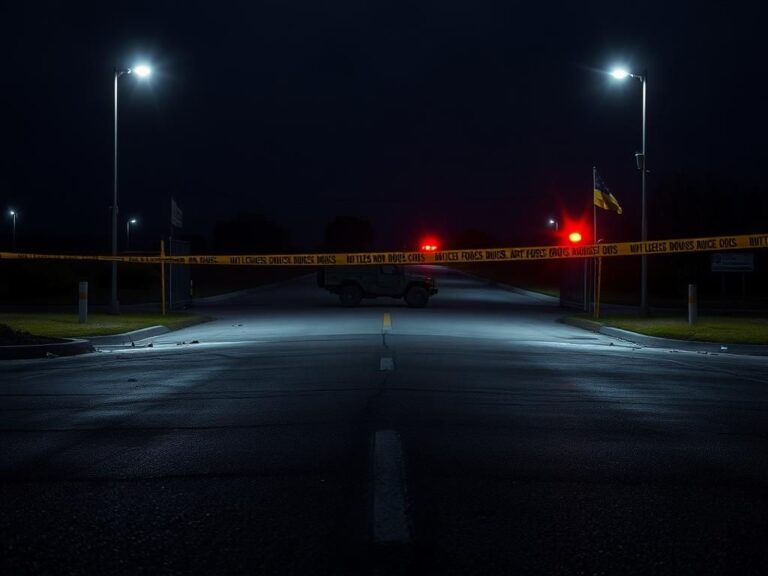 Flick International Dark scene at Kirtland Air Force Base gate with police tape and scattered debris