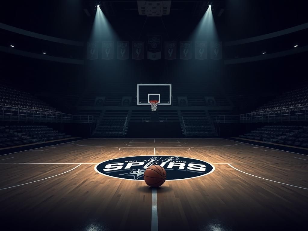 Flick International Dimly lit basketball court with the San Antonio Spurs logo and a basketball symbolizes hope and uncertainty after Gregg Popovich's stroke.