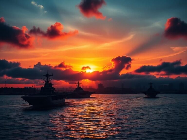 Flick International Dramatic sunset over a military naval harbor with silhouettes of aircraft carriers