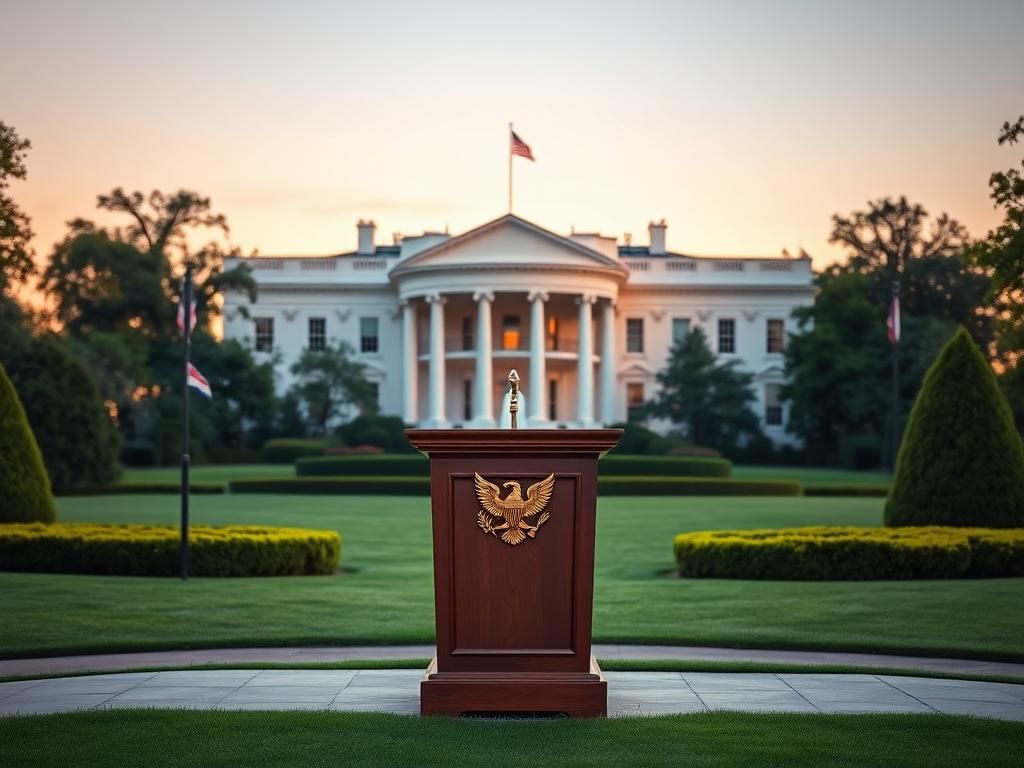 Flick International Majestic view of the White House at sunrise with an empty podium