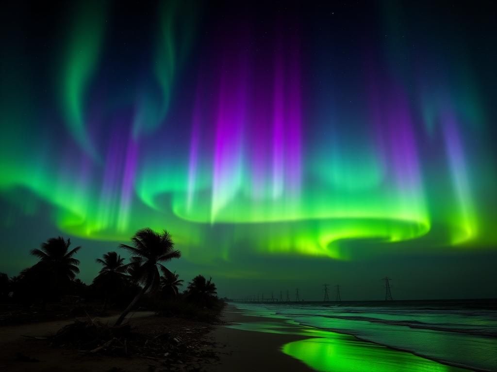 Flick International Dramatic auroras illuminate the night sky above a coastal area affected by hurricanes