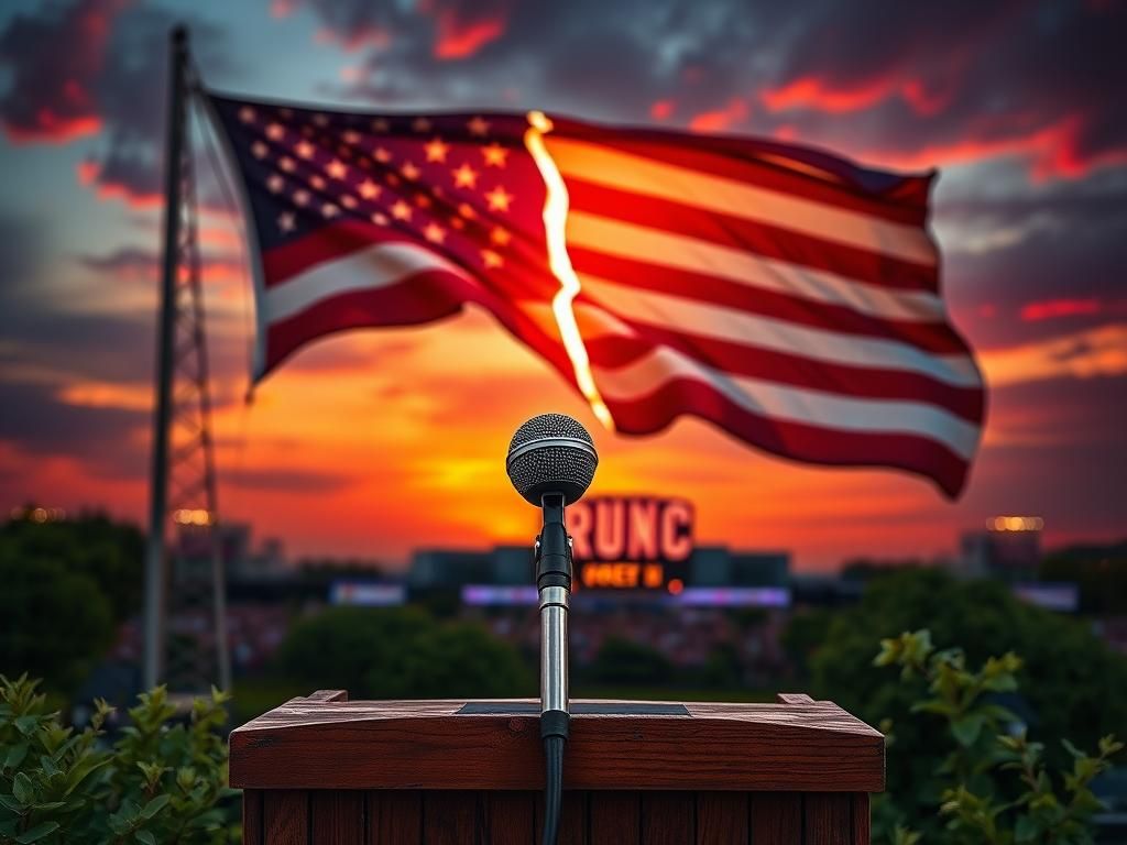 Flick International A cracked American flag unfurling against a dramatic sunset