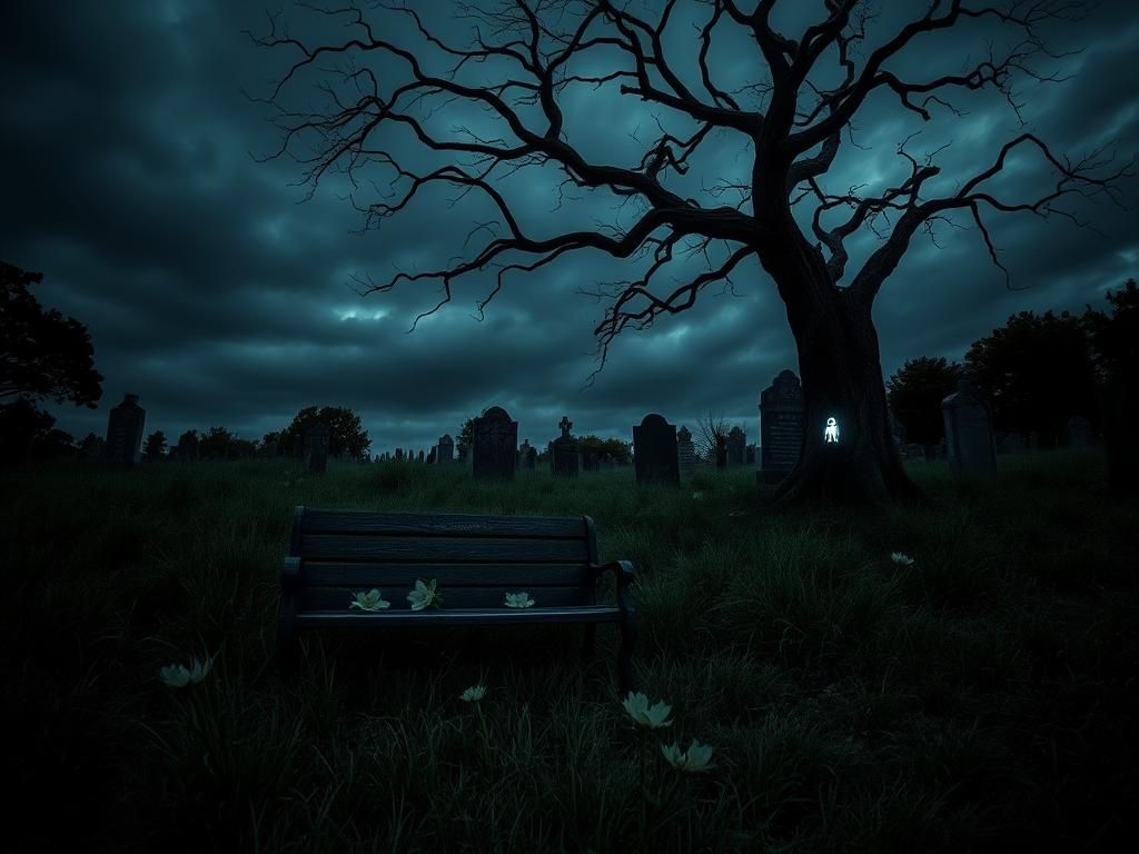 Flick International A dark cemetery scene at dusk with overgrown grass and crumbling gravestones