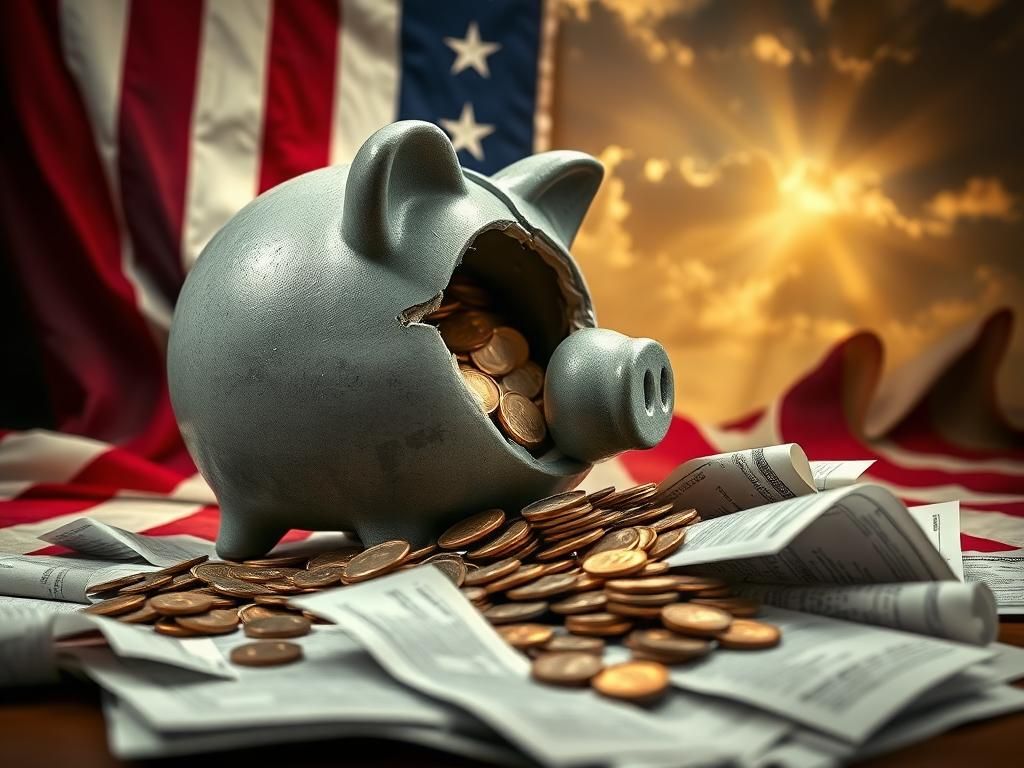 Flick International Broken piggy bank spilling coins and dollar bills on distressed American flag