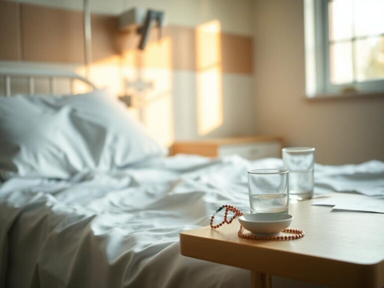 Flick International Hospital room with a bed, rosary, and calming decor symbolizing peace