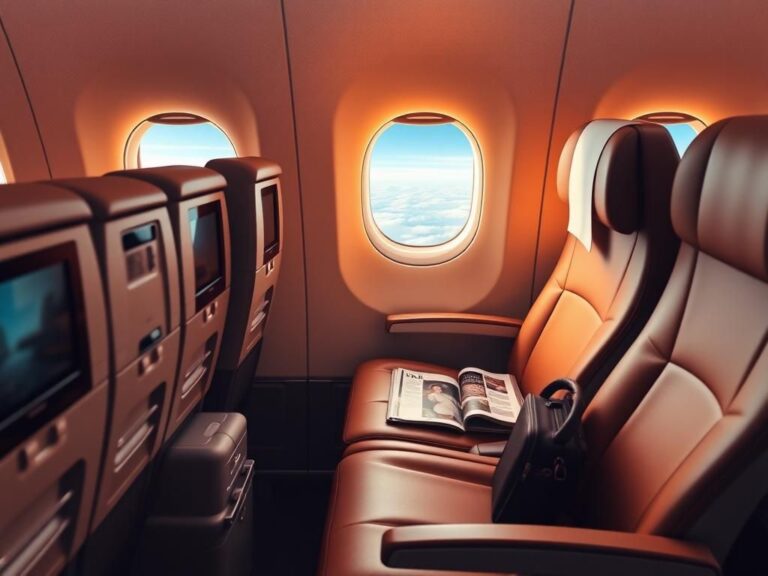 Flick International Thoughtfully arranged empty first-class airplane cabin with plush seats and a window seat