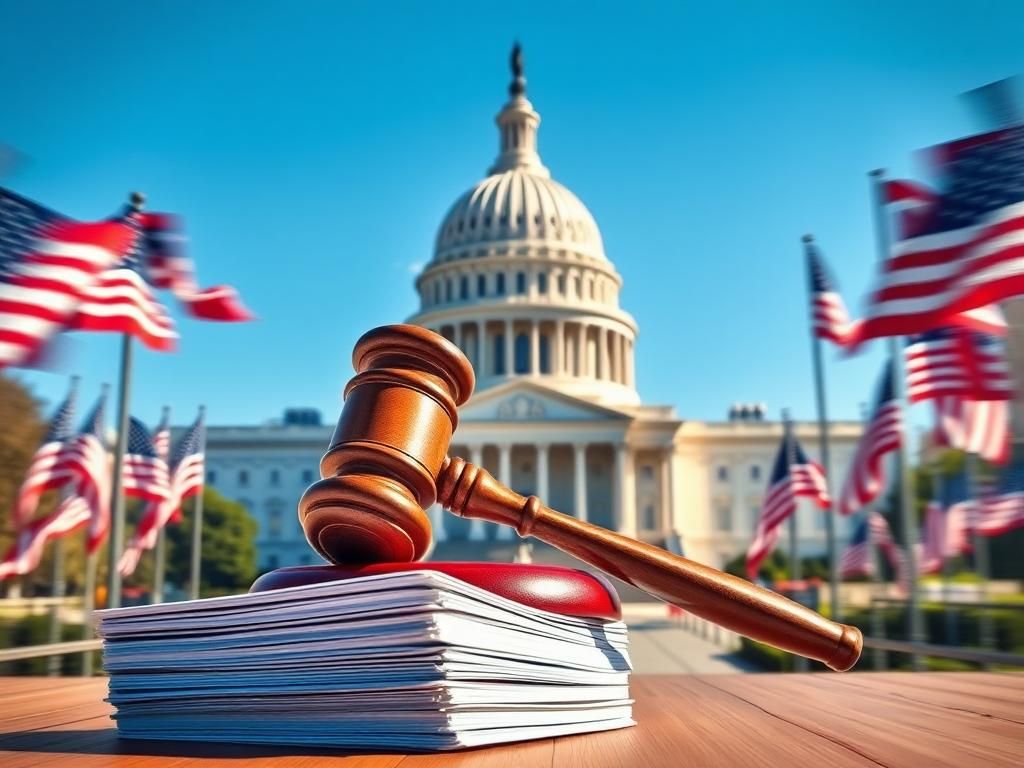 Flick International Detailed view of the U.S. Capitol building with a large gavel and documents symbolizing legislative activity