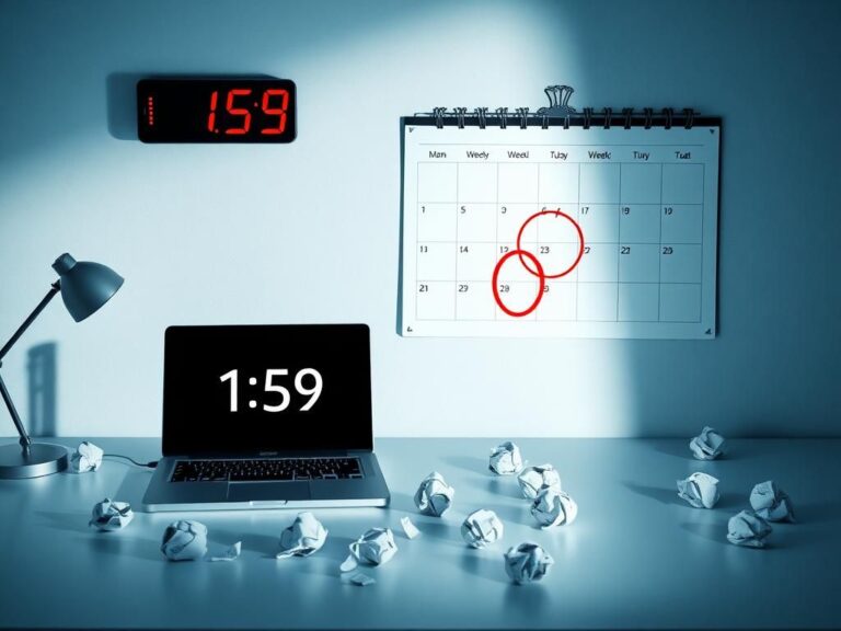 Flick International Minimalist office setting with digital clock showing 11:59 p.m. and open laptop on a sleek desk