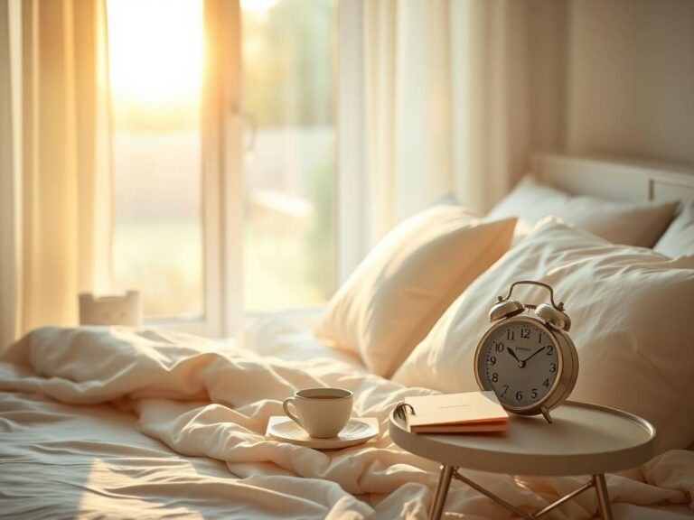 Flick International Serene bedroom scene at dawn with soft sunlight illuminating a cozy bed and tranquil garden view