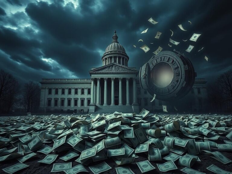 Flick International A dramatic scene of a cracked government building with scattered dollar bills symbolizing corruption