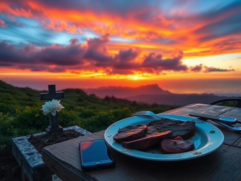 Flick International Tranquil Hawaiian landscape at sunset with a grave and steak dinner