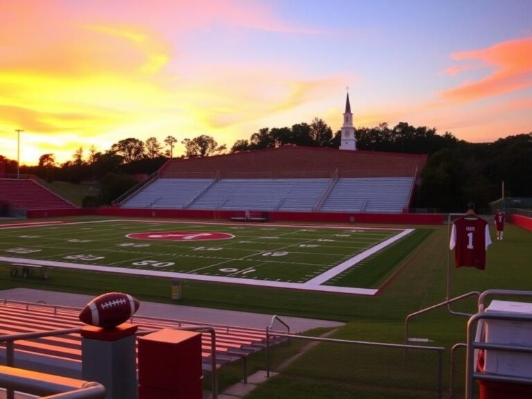 Flick International Serene Alabama landscape at sunset with a football field showcasing Alabama Crimson Tide colors