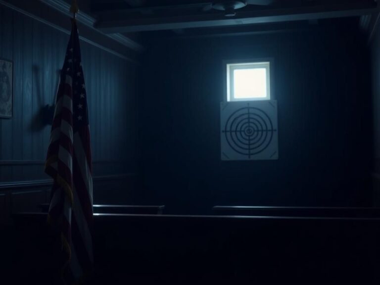 Flick International Dimly lit courtroom scene with an empty judge's bench and a faded American flag