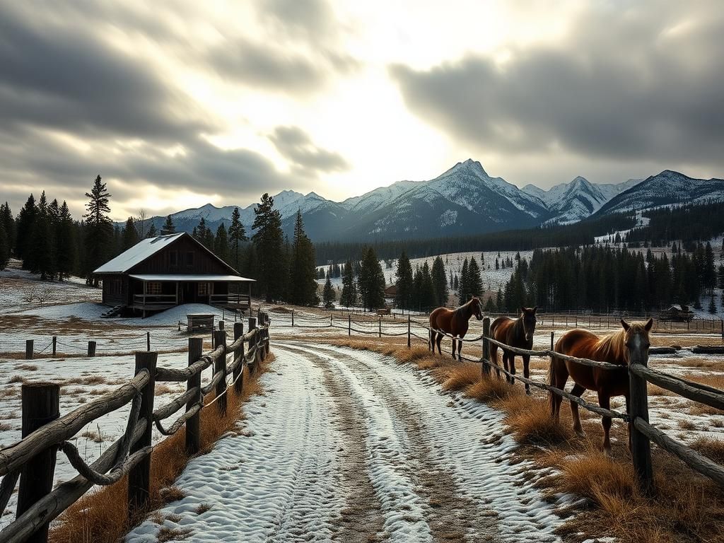 Flick International A rustic Montana ranch covered in snow with horses tied to a wooden fence