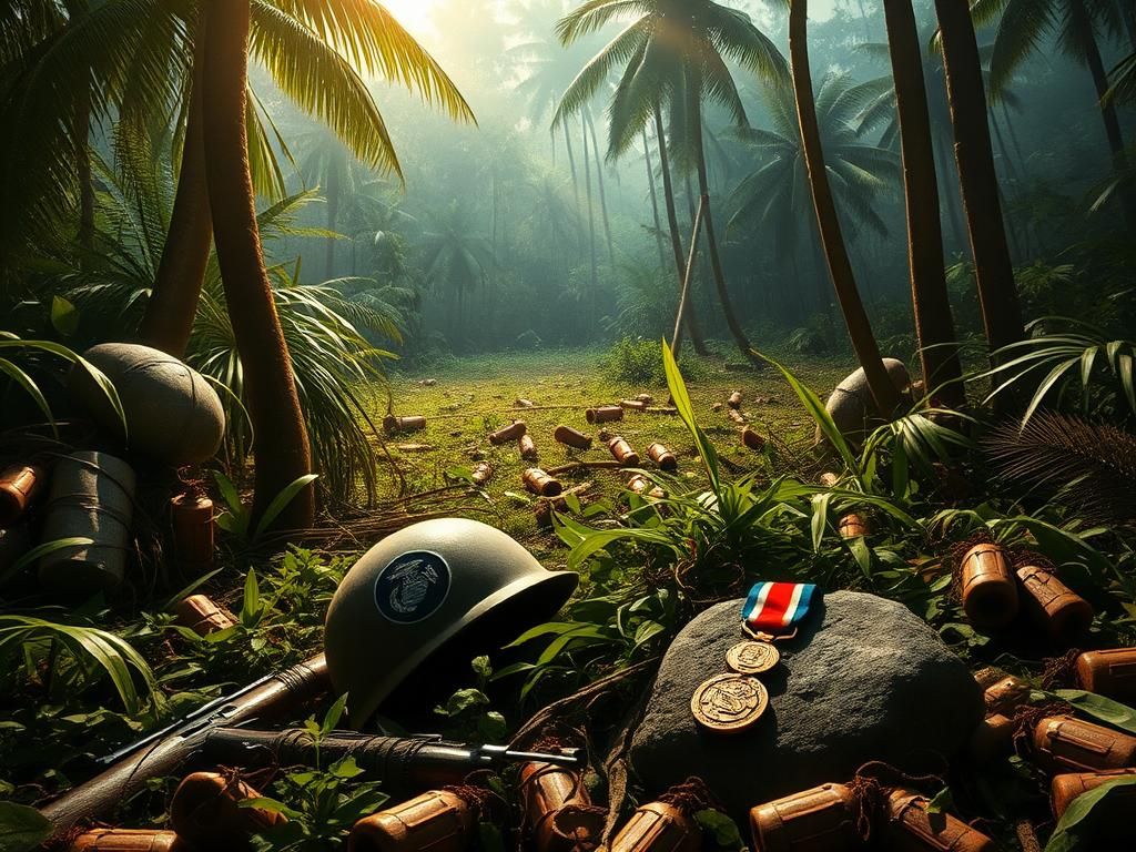 Flick International Abandoned Marine Corps helmet and rifle in dense tropical jungle