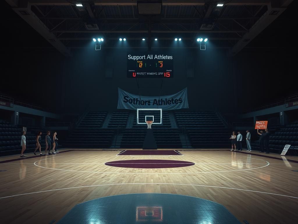 Flick International Empty basketball court with faded scoreboard and protest signs